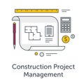 Construction Project Management thin line flat icons. Architects workplace illustration. Architecture planning on paper Royalty Free Stock Photo