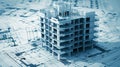 construction project, multi-storey building under construction on blueprint Royalty Free Stock Photo