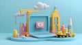 Construction Project Render with Laptop and Crane in Pastel Tones Under a Cloudy Sky Displaying Progress on a Light Blue Royalty Free Stock Photo