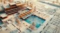 construction project, spa complex building with swimming pool under construction on blueprint Royalty Free Stock Photo