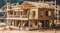 Construction project underway as workers build a house from blueprints