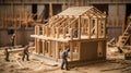Construction project underway as workers build a house from blueprints Royalty Free Stock Photo