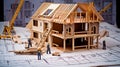 Construction project with workers building a house based on blueprints, generative ai Royalty Free Stock Photo