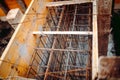 Construction rebar steel work reinforcement in concrete structure of building. Steel rods used in construction