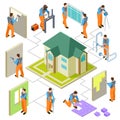 Construction, reconstruction and repair of the house isometric vector concept