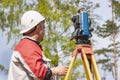 Construction of a residential area. Geodetic stakeout. Surveyor at a large construction site. A man with a tachometer during work