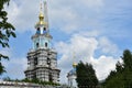 Construction and restoration of the Kostroma Kremlin. The bell tower. In the 1930s, the Kremlin was blown up. Blue sky