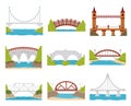 Construction river bridges set vector flat illustration. Industrial gate connection of two shores Royalty Free Stock Photo