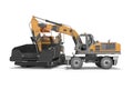 Construction road machinery loading wheeled excavator on an asphalt paver 3d rendering on white background with shadow