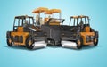 Construction road machinery two road roller and paver 3d rendering on blue background with shadow