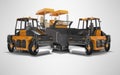 Construction road machinery two road roller and paver 3d rendering on gray background with shadow