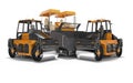 Construction road machinery two road roller and paver 3d rendering on white background with shadow