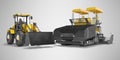 Construction road machinery yellow tracked paver and wheeled bulldozer 3d rendering on gray background with shadow