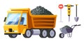 Construction Roadworks Equipment Set. Tip Truck Heavy Vehicle To Transport And Unload Gravel, Asphalt And Debris At Site Royalty Free Stock Photo