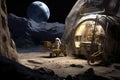 construction robot assembling a habitat module on the moon