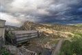 Construction of the ruined reservoir of Ponton de Oliva at sunset near the village of Patones,Madrid