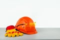 Construction safety equipment: helmet, protective gloves, glasses