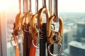 Construction safety equipment for work at height, safety harness and seat belt closeup. Generative AI Royalty Free Stock Photo