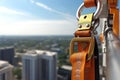 Construction safety equipment for work at height, safety harness and seat belt closeup. Generative AI Royalty Free Stock Photo