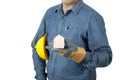 Safety Concept. Architecture or Engineer wear blue shirt and hold yellow safety helmet and house mock up on isolate background Royalty Free Stock Photo