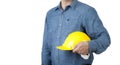 Engineer Worker wear blue shirt and hold yellow safety helmet on isolate background Royalty Free Stock Photo