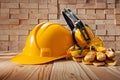 Construction Safety Tools Concept. Yellow Helmet Protective Earphones Goggles Leather Gloves On Wooden Beams Stack Royalty Free Stock Photo