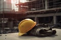Construction safety and yellow helmet. AI Generated Royalty Free Stock Photo