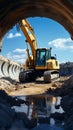 Construction scene: Caterpillar excavator digs with force against blue sky, near concrete pipe.