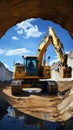 Construction scene: Caterpillar excavator digs with force against blue sky, near concrete pipe.