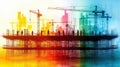 Construction Scene with Cranes and Workers Silhouette Against Vibrant Colorful Background Royalty Free Stock Photo