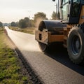 Construction scene featuring a road roller compactor smoothing Royalty Free Stock Photo