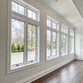 Construction industry and building architecture House interior room design Install 4 white vinyl windows frame on the white wall Royalty Free Stock Photo