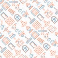 Construction seamless pattern with thin line icons: builder in helmet, work tools, brickwork, floor plan, plumbing, trowel, Royalty Free Stock Photo