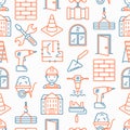 Construction seamless pattern with thin line icons: builder in helmet, work tools, brickwork, floor plan, plumbing, trowel, Royalty Free Stock Photo