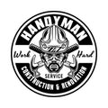 Construction service and handyman vector vintage round emblem, label, badge or logo with worker head in hard hat and two