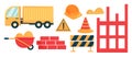 Construction set in flat cartoon style. Construction cone and lorry. The stacked bricks lie with a construction helmet. Vector Royalty Free Stock Photo