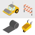 Construction set icons road roller truck wheelbarrow and barricade isometric