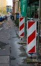 Construction signs. Street view of an under reconstruction facade. Under construction signs.