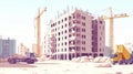 Construction Site with Cranes, Trucks, and Building Underway Royalty Free Stock Photo