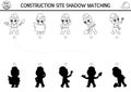 Construction site black and white shadow matching activity with workers. Building works puzzle or coloring page with builder. Find Royalty Free Stock Photo
