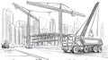 Construction Scene with Cranes and Trucks in City Under Development - Sketch Royalty Free Stock Photo