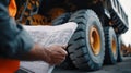 Construction site blueprint held by worker beside heavy dump truck wheel in industrial setting, practical planning and inspection Royalty Free Stock Photo