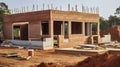 Construction site of a brick house in the countryside. Construction house structure made from cement and brick. Generative AI