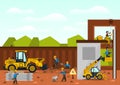 Construction site. The construction of the building. Isolated elements. Builders are doing their job. Front loaders and Royalty Free Stock Photo