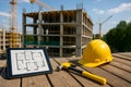 Construction site with building plans on tablet and safety gear under sunny sky Royalty Free Stock Photo