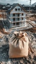Construction site with building under scaffolding and sandbag in foreground Royalty Free Stock Photo