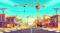 Construction site with building work and tower crane. Modern cartoon cityscape, urban landscape with houses, unfinished Royalty Free Stock Photo