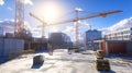 Urban construction site with cranes and modern buildings under bright sun and blue sky Royalty Free Stock Photo