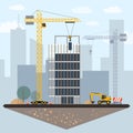 Construction site clip art with buildings, crane, excavator, Royalty Free Stock Photo