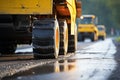 Construction site close-up: Yellow roller compacts black asphalt, transforming country road. Royalty Free Stock Photo